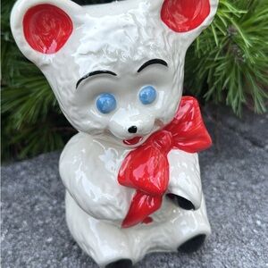 Vintage Ceramic Bear Figurine with Red Accents Piggybank